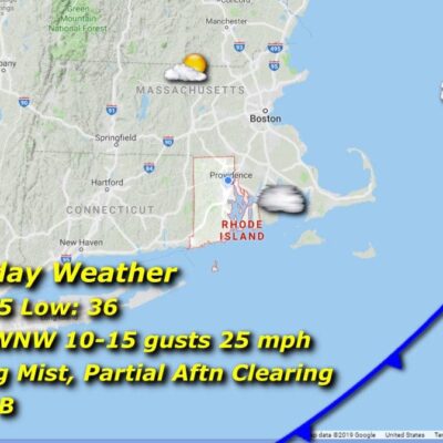 A map showing the weather in Massachusetts and Rhode Island.