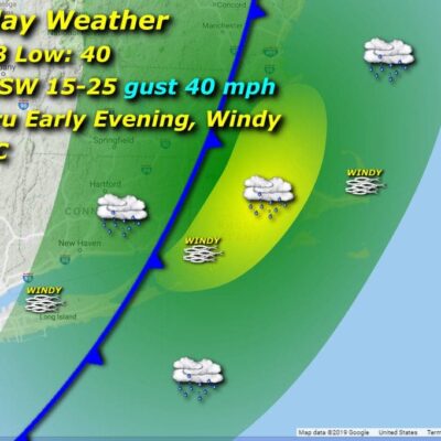 A map showing the weather for saturday.