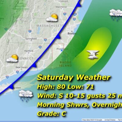 A map showing the Rhode Island weather for Saturday.