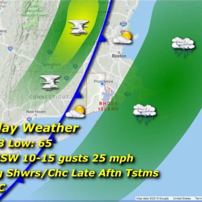 A map showing the weather for saturday.