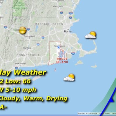 A map showing the weather in Massachusetts and Rhode Island.