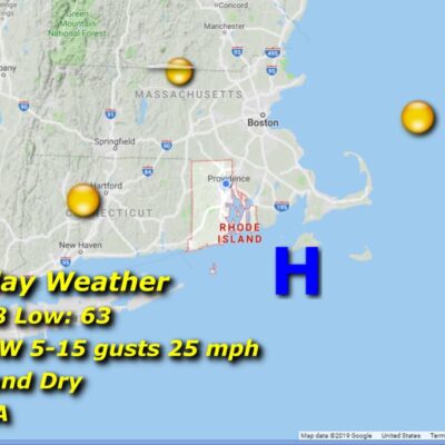 Boston weather forecast with rain and wind details.