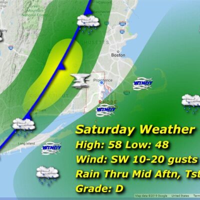 A map displaying the weather forecast for Saturday in RI.