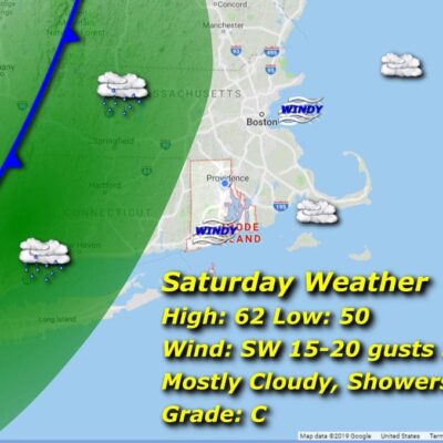 A map showing the weather for saturday in massachusetts.