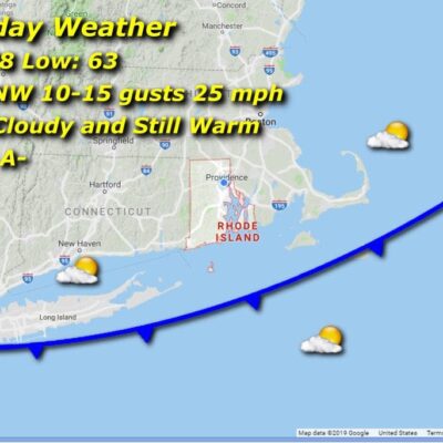 A map displaying the weather forecast for Saturday in Massachusetts with a focus on Rhode Island weather.