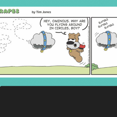 A comic strip with a dog flying in the air.