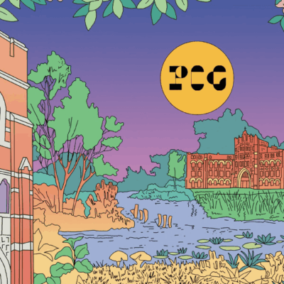 A colorful illustration of a city with trees and a river.