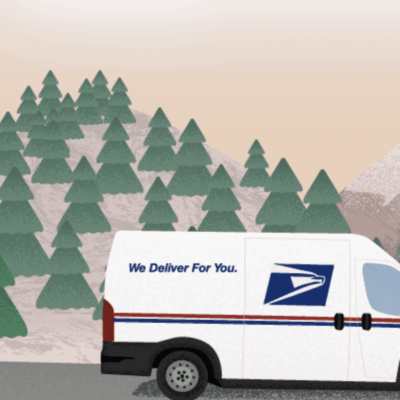 An illustration of a usps van in front of a forest.