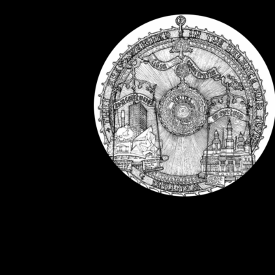 A black and white drawing of a clock.