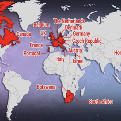 A map showing the locations of countries in the world.