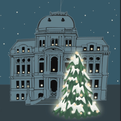 A christmas card with a christmas tree in front of a building.