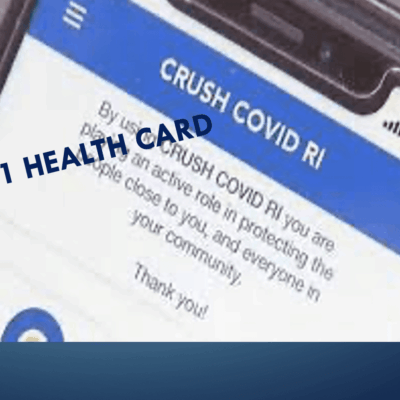 A cell phone with the text crash covid-19 health card on it.