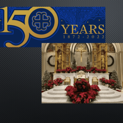 An image of a church with a banner that says 150 years of christianity.