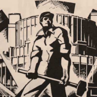 A black and white illustration of a man holding a hammer.