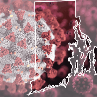 The state of massachusetts with a coronavirus in the background.