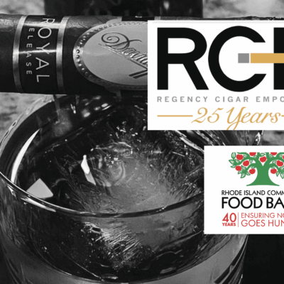 A glass of wine and a logo for the rce food bank.