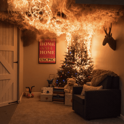 A christmas tree is on fire in a room.