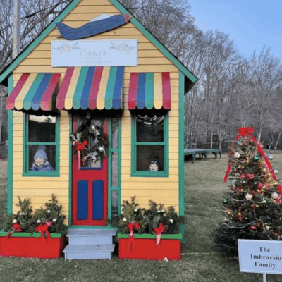 A small house with a christmas tree in front of it.