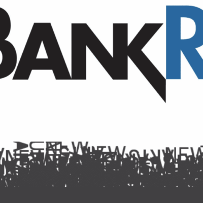 Bankri logo with a crowd of people in front of it.