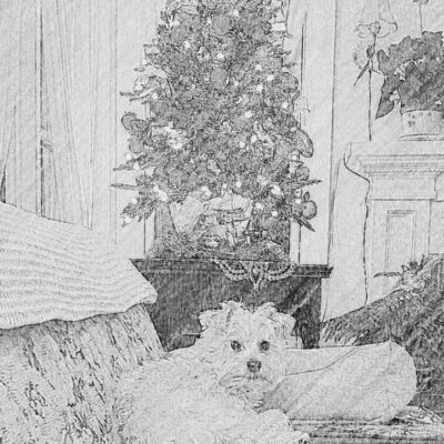 A drawing of a dog in front of a christmas tree.