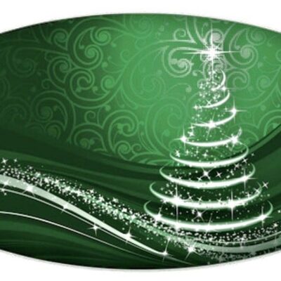 A green christmas tree on a swirly background.