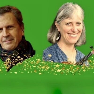 Two people with violins in front of a green background.