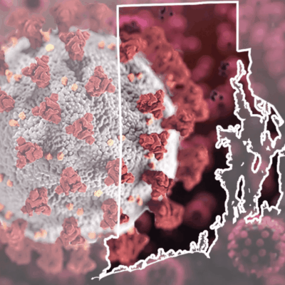 The state of massachusetts is shown with a coronavirus.