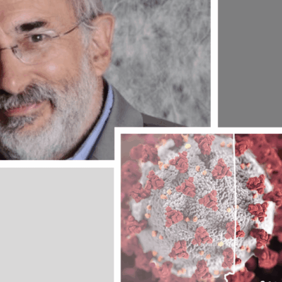 A man with a beard and glasses and a picture of a coronavirus.