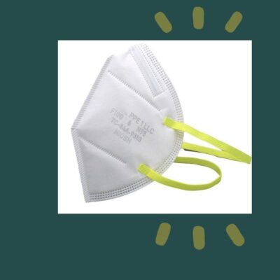 A white face mask with yellow straps.