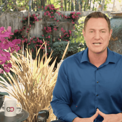 A man in a blue shirt sits in front of a pot of orchids.
