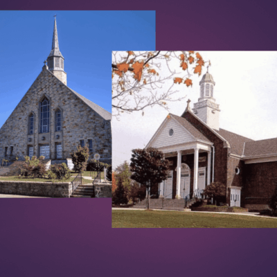 Two pictures of a church with a steeple.