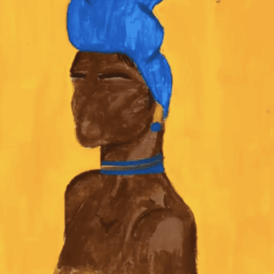 A drawing of a woman with a blue turban.