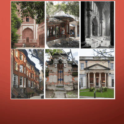 A collage of pictures of buildings and a red background.