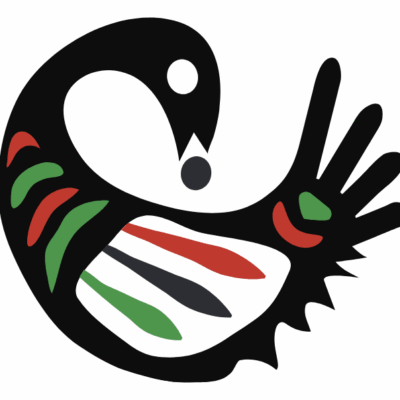 A black and white swan with red, green, and blue stripes.