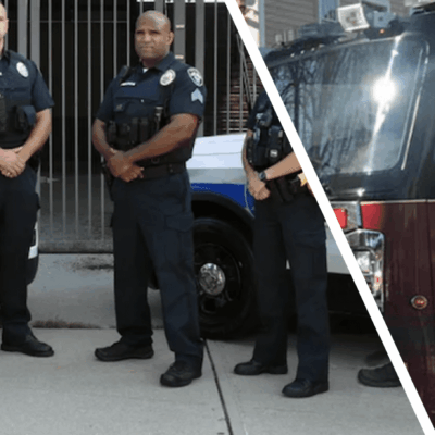 Two pictures of police officers standing next to each other.