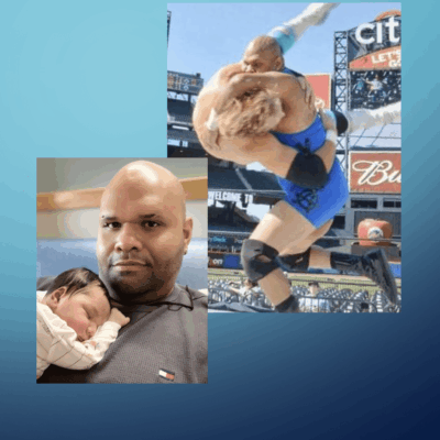 A picture of a man holding a baby and a picture of a wrestler.