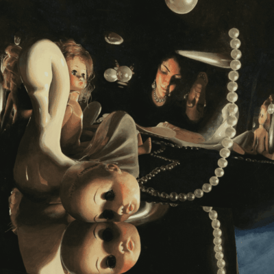 A painting of a woman with pearls on her head.