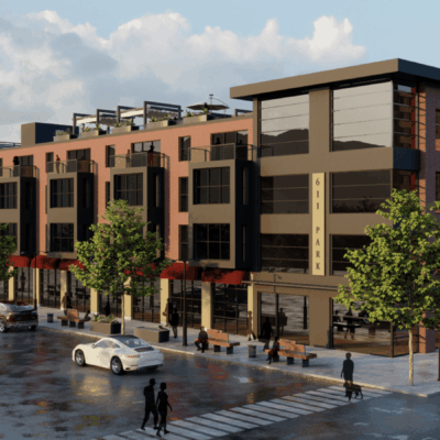 A rendering of a building with cars parked in front of it.