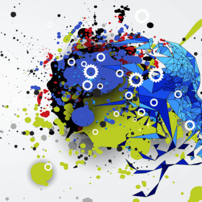 An abstract image of a human head with colorful splatters.