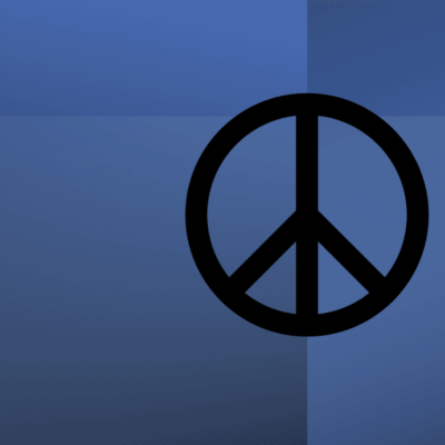 A black peace sign on a blue background.
