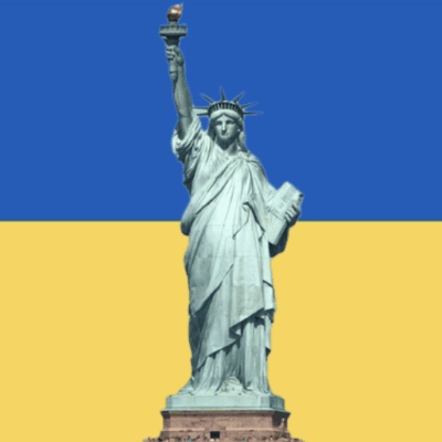 The statue of liberty in front of a yellow and blue flag.