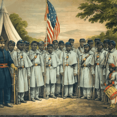 A painting of a group of men standing in front of a tent.