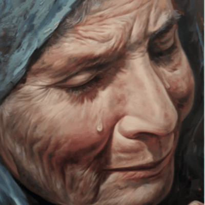 A painting of an old woman with tears on her face.