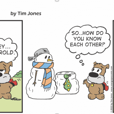 A comic strip about a snowman and a dog.