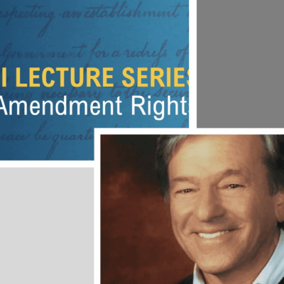 A photo of a man with the words'taricani lecture series on first amendment right'.