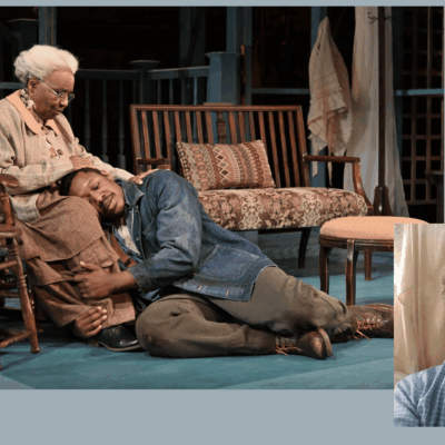 A woman is laying on the floor next to a man in a bow tie.