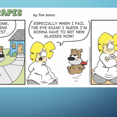 A comic strip with a woman and a teddy bear.