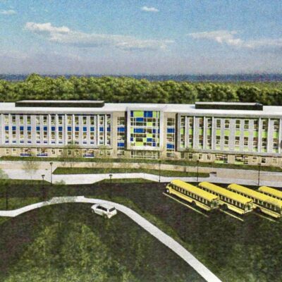 An artist's rendering of a school building.