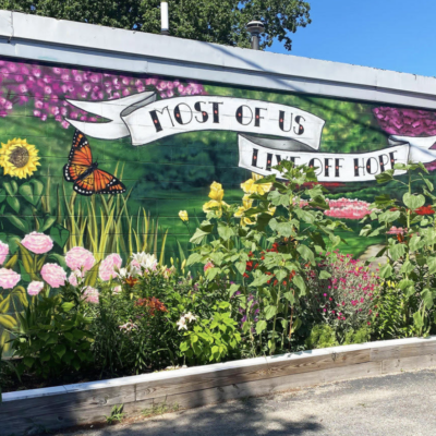 A mural painted on the side of a building with flowers and butterflies.