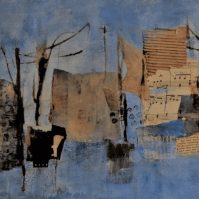 An abstract painting with blue and brown colors.